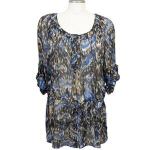 Tabi Sheer Top Blouse Womens XL Brown Blue Moody Abstract Print Drawstring Waist